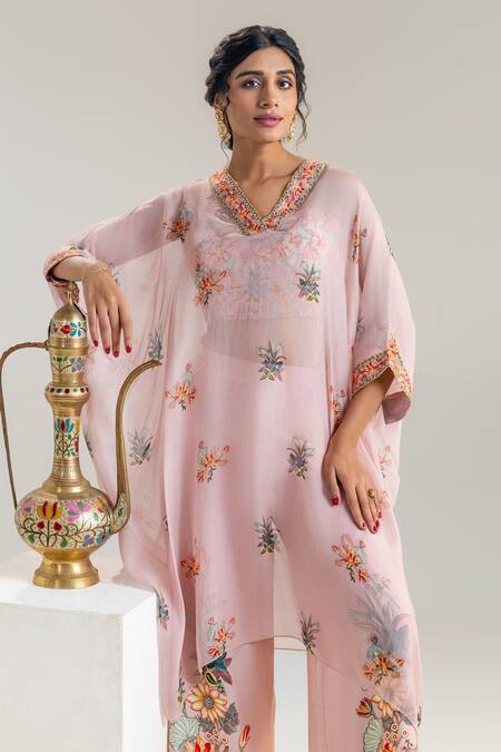 Soup By Sougat Paul_Pink Organza, Chanderi, Chiffon Beads, Sequins, Floral Printed Kaftan Set _Online_at_Aza_Fashions