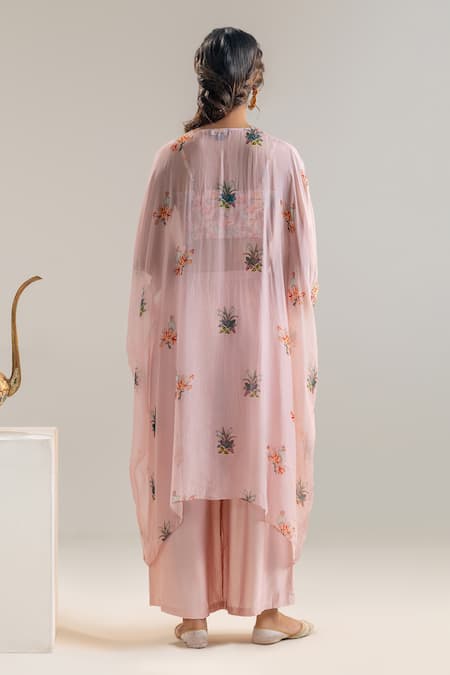 Shop_Soup By Sougat Paul_Pink Organza, Chanderi, Chiffon Beads, Sequins, Floral Printed Kaftan Set _at_Aza_Fashions