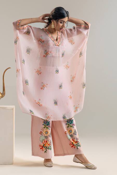 Buy_Soup By Sougat Paul_Pink Organza, Chanderi, Chiffon Beads, Sequins, Floral Printed Kaftan Set _Online_at_Aza_Fashions