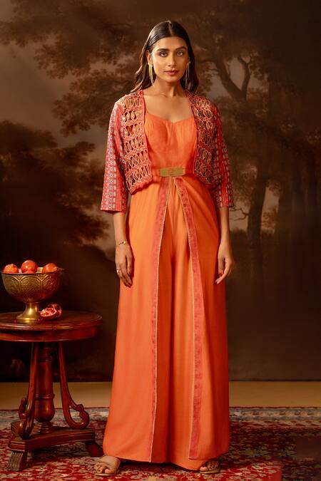 Soup By Sougat Paul_Red Chanderi, Silk Cut Work, Sequins, Geometric Print Jumpsuit With Jacket _Online_at_Aza_Fashions