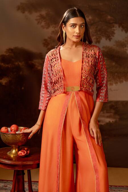Buy_Soup By Sougat Paul_Red Chanderi, Silk Cut Work, Sequins, Geometric Print Jumpsuit With Jacket _Online_at_Aza_Fashions