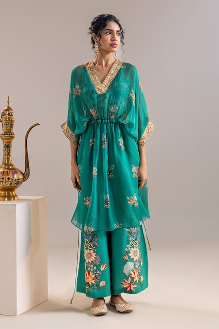 Soup By Sougat Paul_Green Organza, Chanderi Sequins, Beads, Embroidery V-neck Floral Kaftan Set _Online_at_Aza_Fashions