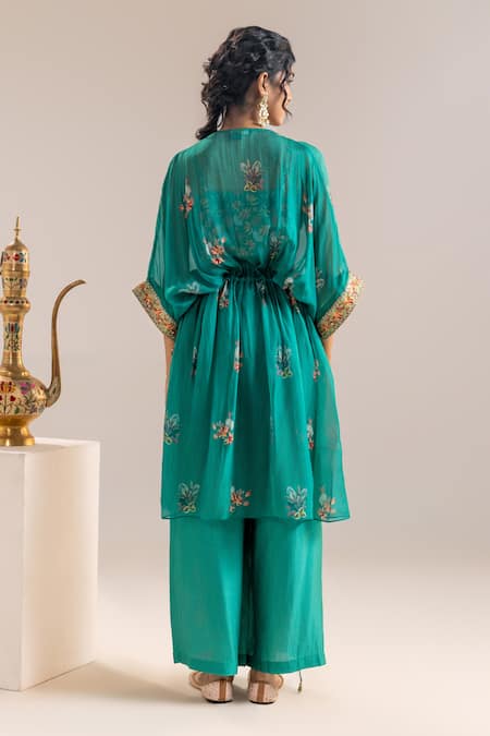 Shop_Soup By Sougat Paul_Green Organza, Chanderi Sequins, Beads, Embroidery V-neck Floral Kaftan Set _at_Aza_Fashions