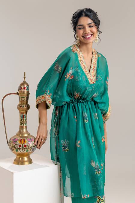 Buy_Soup By Sougat Paul_Green Organza, Chanderi Sequins, Beads, Embroidery V-neck Floral Kaftan Set _Online_at_Aza_Fashions