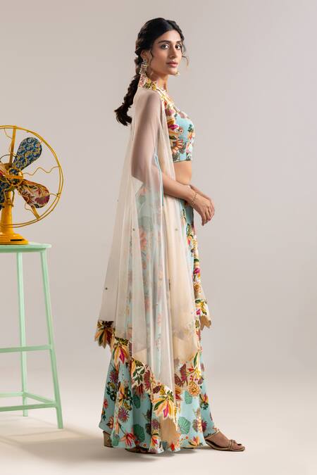 Soup By Sougat Paul_Blue Net, Crepe Sequins, Beads Lotus Embroidered Cape And Flared Pant Set _Online_at_Aza_Fashions