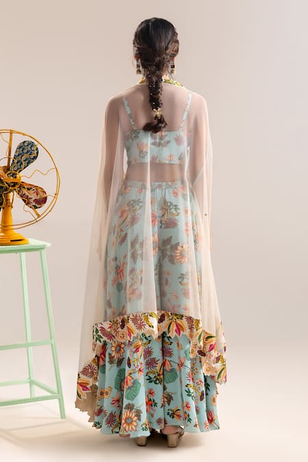 Shop_Soup By Sougat Paul_Blue Net, Crepe Sequins, Beads Lotus Embroidered Cape And Flared Pant Set _at_Aza_Fashions