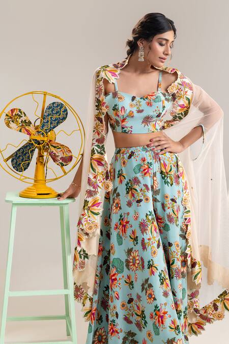 Buy_Soup By Sougat Paul_Blue Net, Crepe Sequins, Beads Lotus Embroidered Cape And Flared Pant Set _Online_at_Aza_Fashions