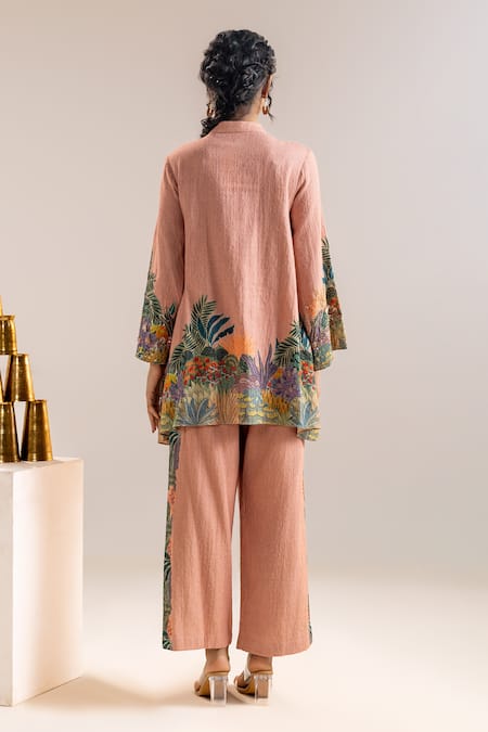 Shop_Soup By Sougat Paul_Pink Handloom Cotton Sequins, Embroidery Tropical Printed Kurta And Pant Set _at_Aza_Fashions