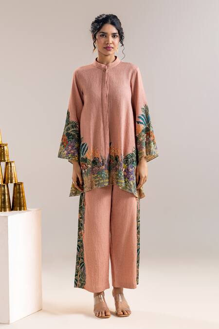 Soup By Sougat Paul_Pink Handloom Cotton Sequins, Embroidery Tropical Printed Kurta And Pant Set _Online_at_Aza_Fashions