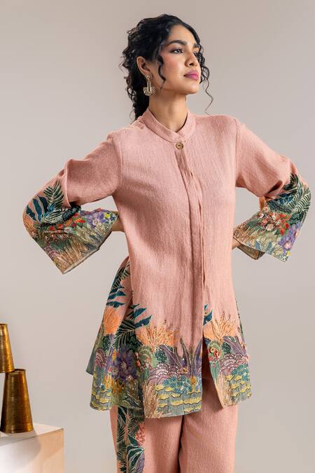 Buy_Soup By Sougat Paul_Pink Handloom Cotton Sequins, Embroidery Tropical Printed Kurta And Pant Set _Online_at_Aza_Fashions