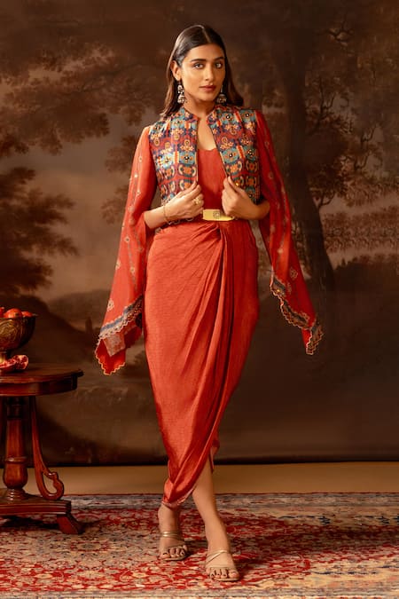 Soup by Sougat Paul Red Printed Draped Dress & Jacket Set 