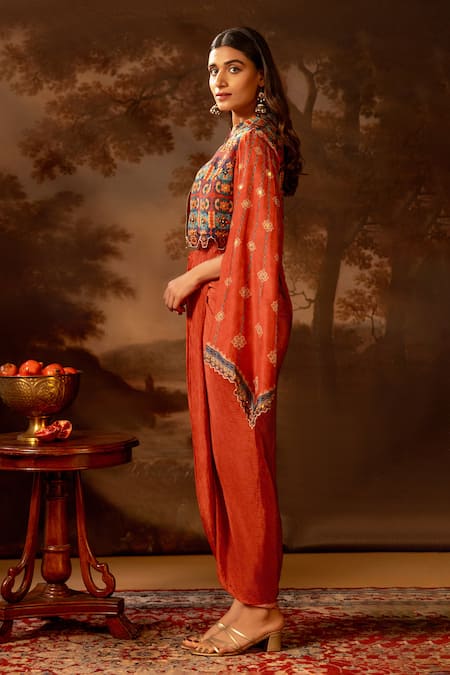 Buy_Soup By Sougat Paul_Red Crepe Sequins, Beads V-neck, Mandarin Printed Draped Dress And Jacket Set _Online_at_Aza_Fashions