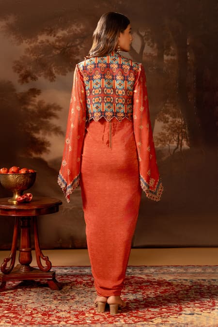 Soup By Sougat Paul_Red Crepe Sequins, Beads V-neck, Mandarin Printed Draped Dress And Jacket Set _Online_at_Aza_Fashions