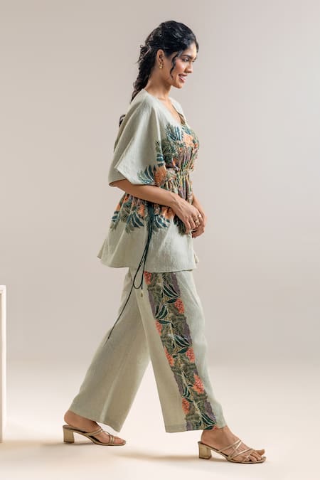 Soup By Sougat Paul_Green Handloom Cotton Sequins, Zari V-neck Tropical Print Kaftan Top And Pant Set _Online_at_Aza_Fashions