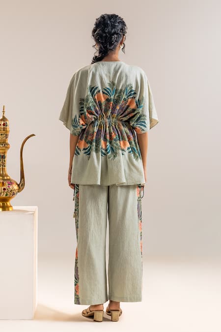 Shop_Soup By Sougat Paul_Green Handloom Cotton Sequins, Zari V-neck Tropical Print Kaftan Top And Pant Set _at_Aza_Fashions