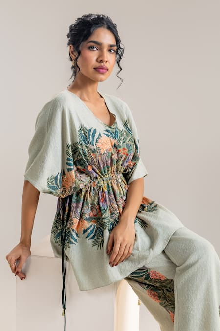 Buy_Soup By Sougat Paul_Green Handloom Cotton Sequins, Zari V-neck Tropical Print Kaftan Top And Pant Set _Online_at_Aza_Fashions