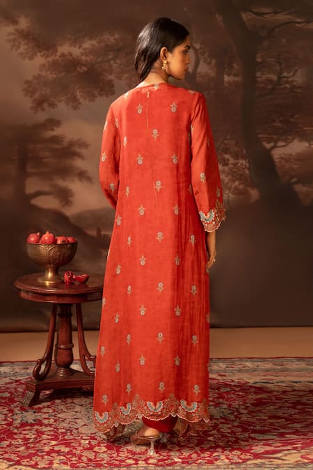 Shop Soup By Sougat Paul Red Organza, Crepe, Silk Embroidery, Zari Floral Print Draped Dress And Jacket at Aza Fashions Shop_Soup By Sougat Paul_Red Organza, Crepe, Silk Embroidery, Zari Floral Print Draped Dress And Jacket _at_Aza_Fashions