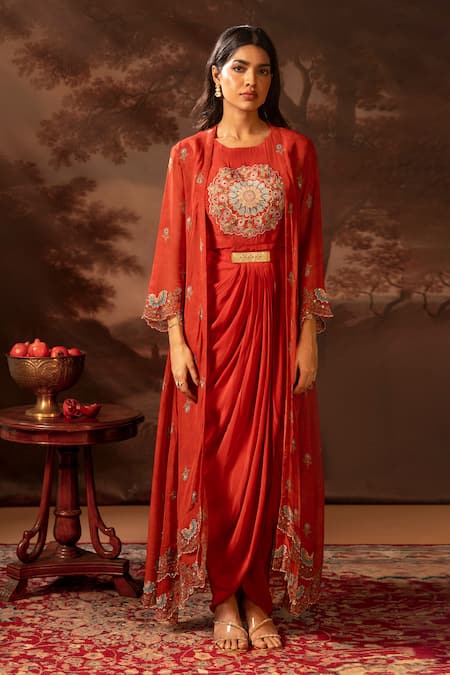 Soup By Sougat Paul Red Organza, Crepe, Silk Embroidery, Zari Floral Print Draped Dress And Jacket Online at Aza Fashions Soup By Sougat Paul_Red Organza, Crepe, Silk Embroidery, Zari Floral Print Draped Dress And Jacket _Online_at_Aza_Fashions