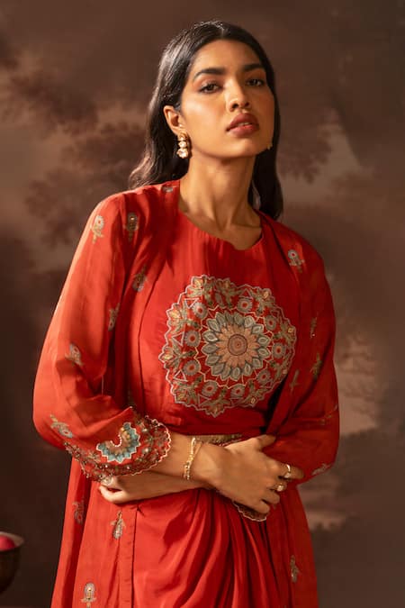 Buy Soup By Sougat Paul Red Organza, Crepe, Silk Embroidery, Zari Floral Print Draped Dress And Jacket Online at Aza Fashions Buy_Soup By Sougat Paul_Red Organza, Crepe, Silk Embroidery, Zari Floral Print Draped Dress And Jacket _Online_at_Aza_Fashions