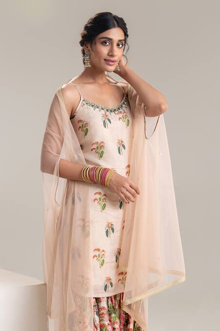 Soup By Sougat Paul_Beige Silk, Net Cut Work, Embroidery Scoop Printed Kurta Sharara Set With Cape _Online_at_Aza_Fashions