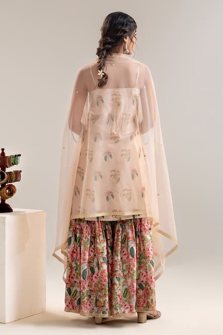Shop_Soup By Sougat Paul_Beige Silk, Net Cut Work, Embroidery Scoop Printed Kurta Sharara Set With Cape _at_Aza_Fashions