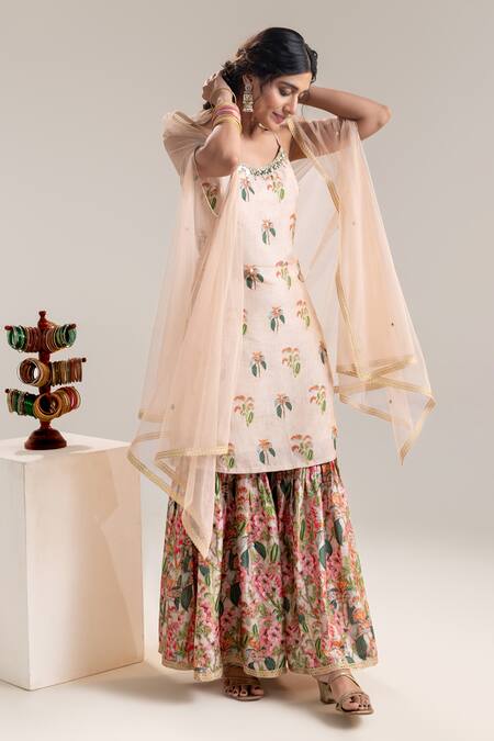 Buy_Soup By Sougat Paul_Beige Silk, Net Cut Work, Embroidery Scoop Printed Kurta Sharara Set With Cape _Online_at_Aza_Fashions