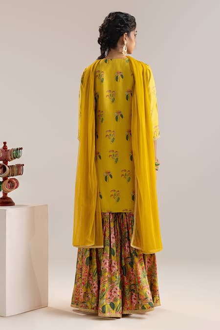 Shop_Soup By Sougat Paul_Yellow Net, Silk Mirrors, Cut Work, Embroidery Floral Printed Kurta Sharara Set _at_Aza_Fashions