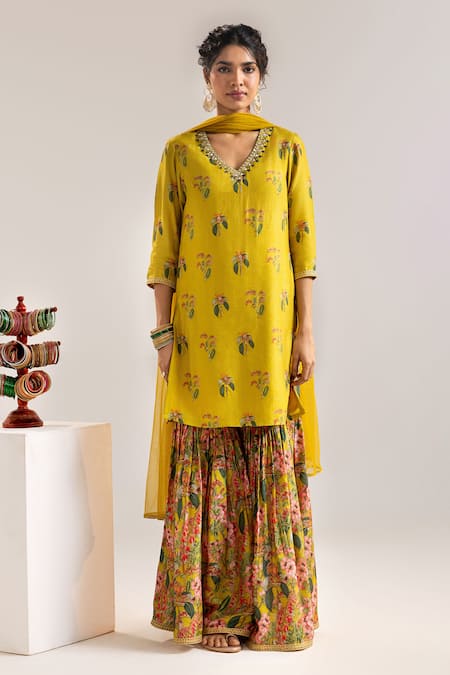 Soup By Sougat Paul_Yellow Net, Silk Mirrors, Cut Work, Embroidery Floral Printed Kurta Sharara Set _Online_at_Aza_Fashions