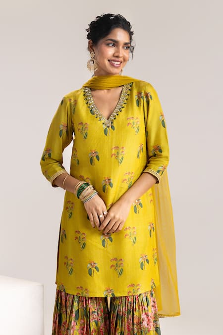 Buy_Soup By Sougat Paul_Yellow Net, Silk Mirrors, Cut Work, Embroidery Floral Printed Kurta Sharara Set _Online_at_Aza_Fashions