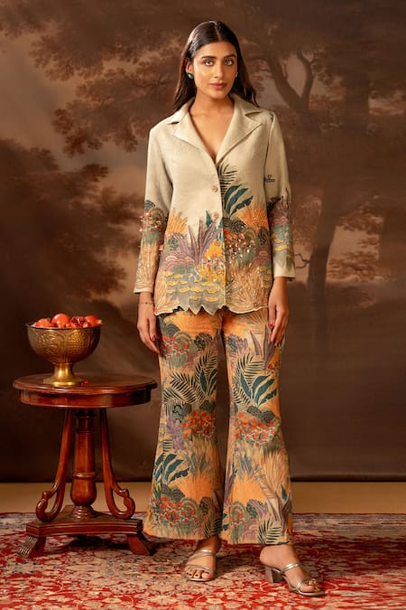 Soup By Sougat Paul_Green Handloom Cotton Sequins, Zari Tropical Print Blazer And Pant Set _Online_at_Aza_Fashions