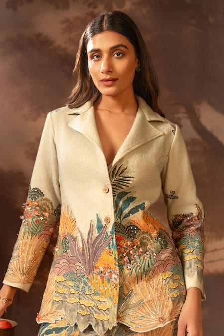 Buy_Soup By Sougat Paul_Green Handloom Cotton Sequins, Zari Tropical Print Blazer And Pant Set _Online_at_Aza_Fashions