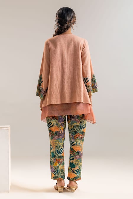 Shop_Soup By Sougat Paul_Pink Organza, Handloom , Layered Tropical Print Kurta And Pant Set _at_Aza_Fashions