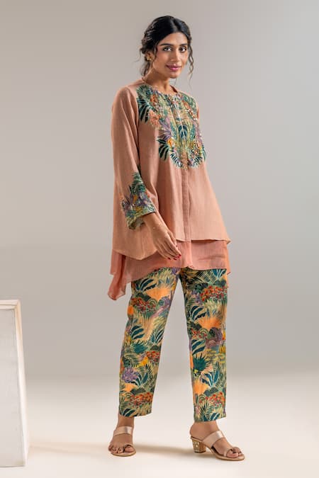 Soup By Sougat Paul_Pink Organza, Handloom , Layered Tropical Print Kurta And Pant Set _Online_at_Aza_Fashions