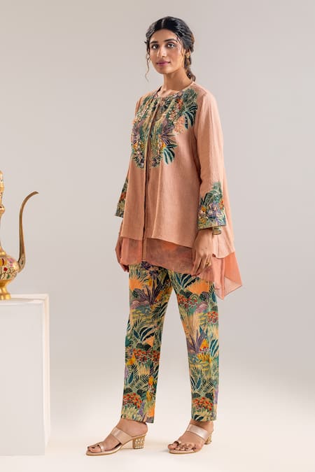 Buy_Soup By Sougat Paul_Pink Organza, Handloom , Layered Tropical Print Kurta And Pant Set _Online_at_Aza_Fashions