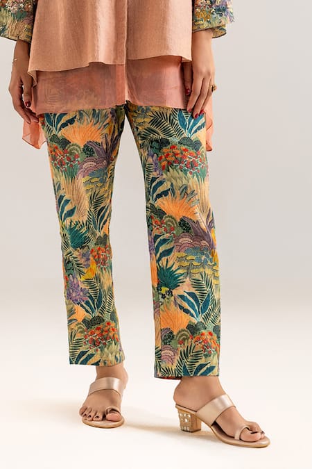 Shop_Soup By Sougat Paul_Pink Organza, Handloom , Layered Tropical Print Kurta And Pant Set _Online_at_Aza_Fashions