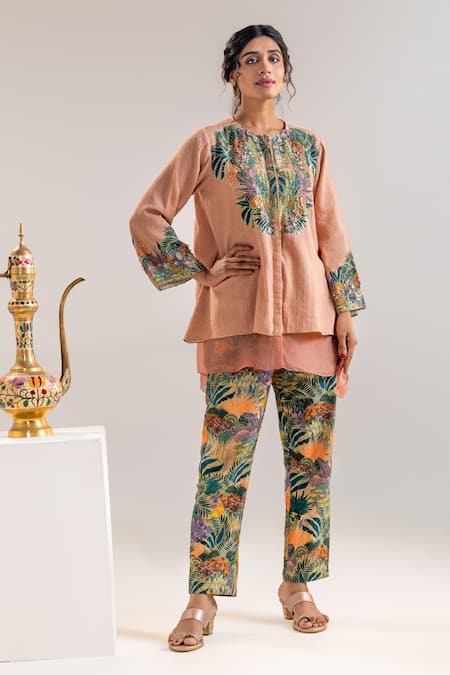Soup By Sougat Paul_Pink Organza, Handloom , Layered Tropical Print Kurta And Pant Set _at_Aza_Fashions