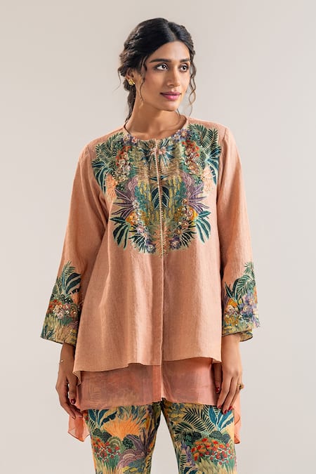 Buy_Soup By Sougat Paul_Pink Organza, Handloom , Layered Tropical Print Kurta And Pant Set 