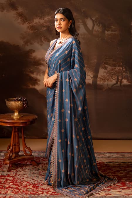 Soup By Sougat Paul_Blue Net, Silk Sequins, Embroidery V-neck Geometric Pre-stitched Saree _Online_at_Aza_Fashions