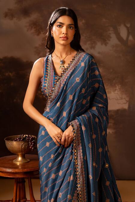Buy_Soup By Sougat Paul_Blue Net, Silk Sequins, Embroidery V-neck Geometric Pre-stitched Saree _Online_at_Aza_Fashions