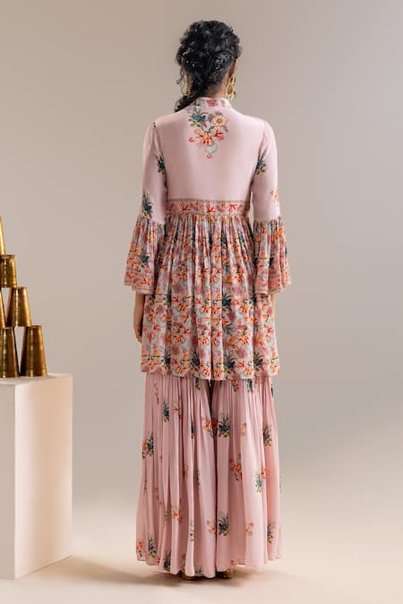 Shop_Soup By Sougat Paul_Pink Crepe Beads, Sequins Collared Floral Print Peplum Kurta And Sharara Set _at_Aza_Fashions