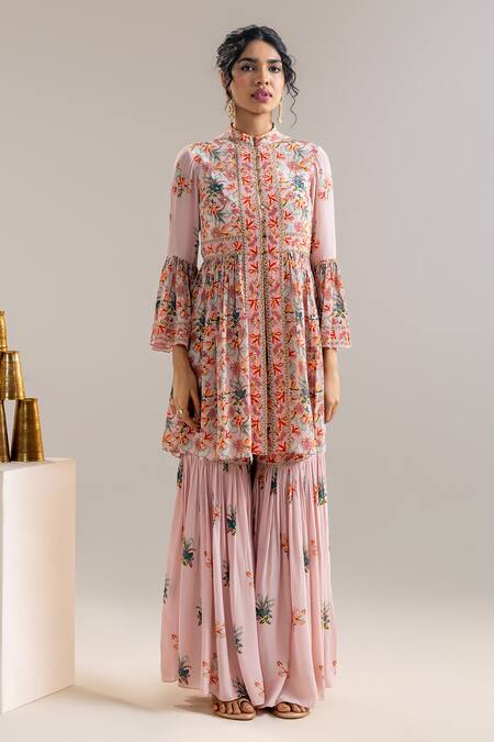 Soup By Sougat Paul_Pink Crepe Beads, Sequins Collared Floral Print Peplum Kurta And Sharara Set _Online_at_Aza_Fashions