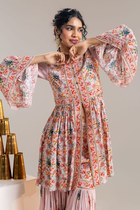 Buy_Soup By Sougat Paul_Pink Crepe Beads, Sequins Collared Floral Print Peplum Kurta And Sharara Set _Online_at_Aza_Fashions