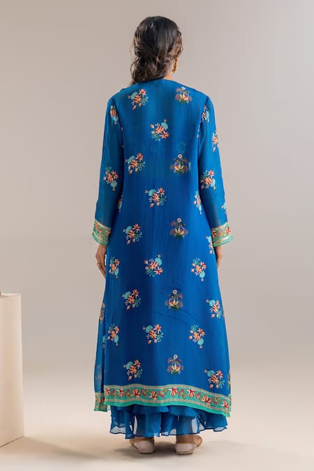 Shop_Soup By Sougat Paul_Blue Organza, Crepe Sequins, Embroidery Floral Print Jacket Palazzo Set _at_Aza_Fashions