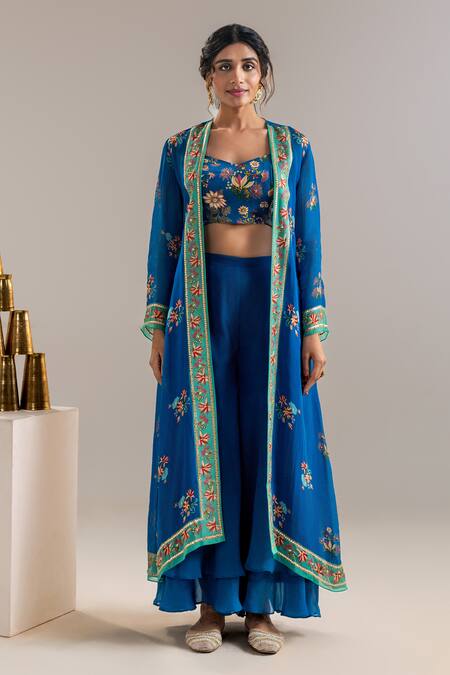 Soup By Sougat Paul_Blue Organza, Crepe Sequins, Embroidery Floral Print Jacket Palazzo Set _Online_at_Aza_Fashions