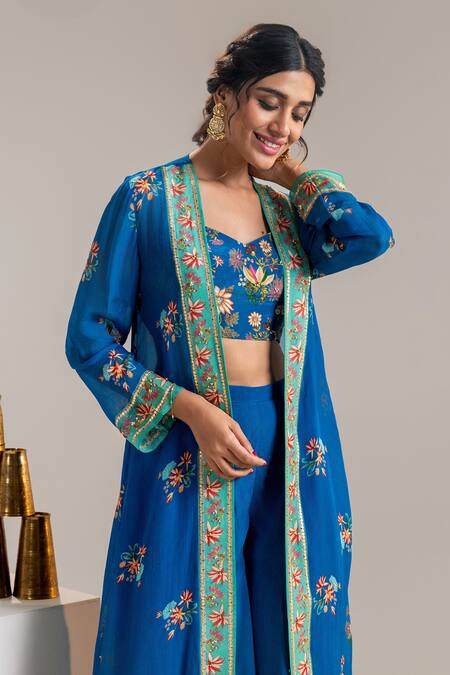 Buy_Soup By Sougat Paul_Blue Organza, Crepe Sequins, Embroidery Floral Print Jacket Palazzo Set _Online_at_Aza_Fashions