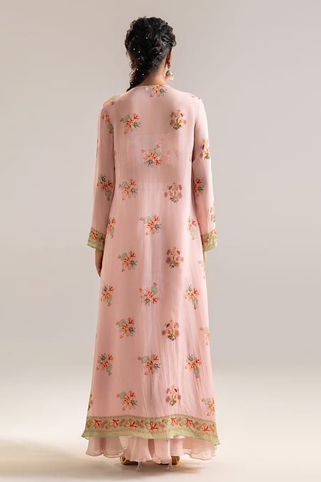 Shop_Soup By Sougat Paul_Pink Organza, Crepe Sequins, Embroidery Floral Print Jacket Palazzo Set _at_Aza_Fashions