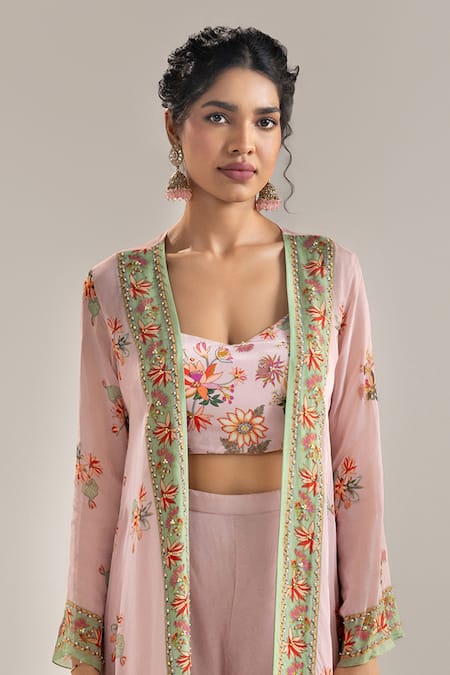 Soup By Sougat Paul_Pink Organza, Crepe Sequins, Embroidery Floral Print Jacket Palazzo Set _Online_at_Aza_Fashions