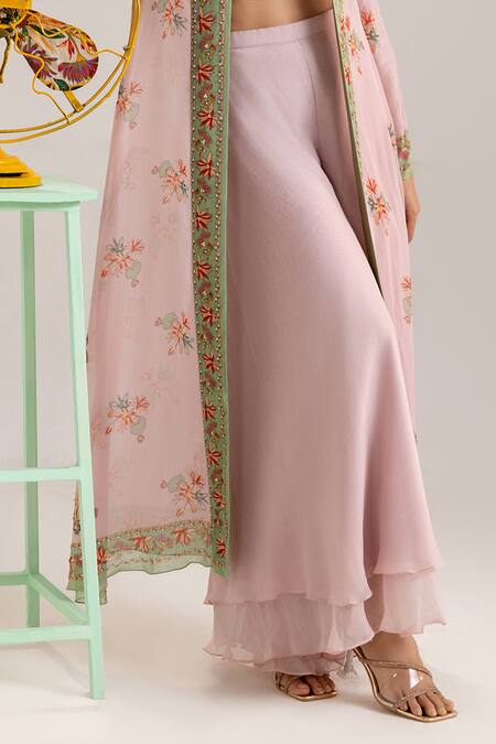 Buy_Soup By Sougat Paul_Pink Organza, Crepe Sequins, Embroidery Floral Print Jacket Palazzo Set _Online_at_Aza_Fashions