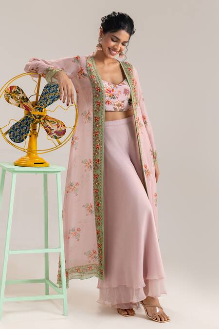 Shop_Soup By Sougat Paul_Pink Organza, Crepe Sequins, Embroidery Floral Print Jacket Palazzo Set _Online_at_Aza_Fashions