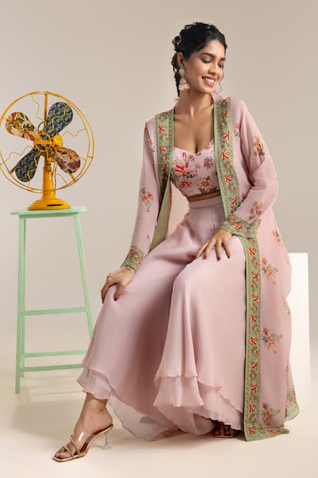 Soup By Sougat Paul_Pink Organza, Crepe Sequins, Embroidery Floral Print Jacket Palazzo Set _at_Aza_Fashions